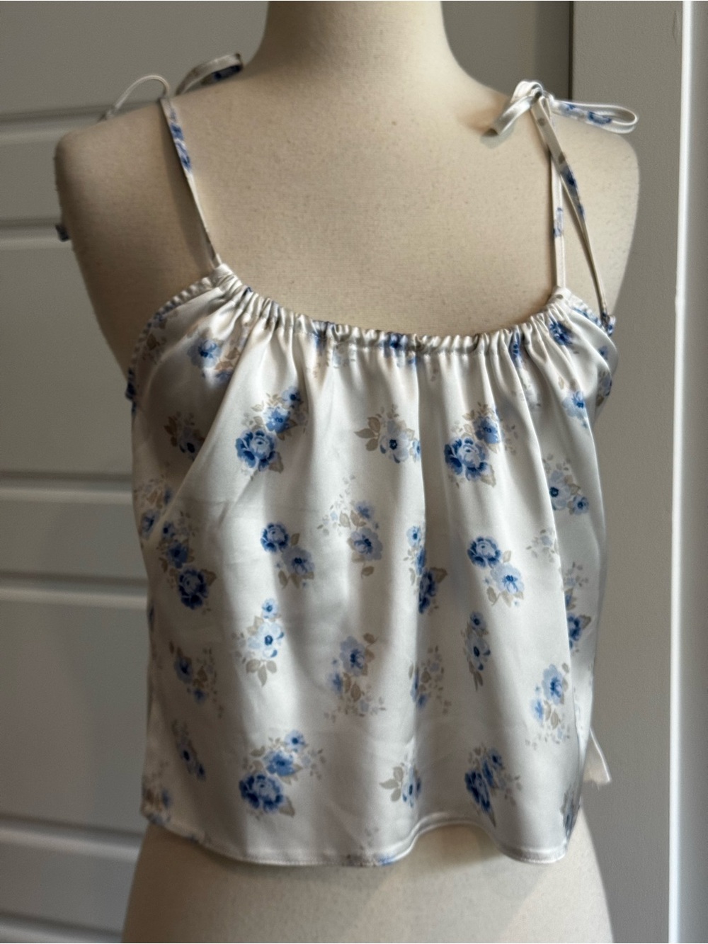 ASOS White Satin Floral Tie-Strap Cami with Blue Roses